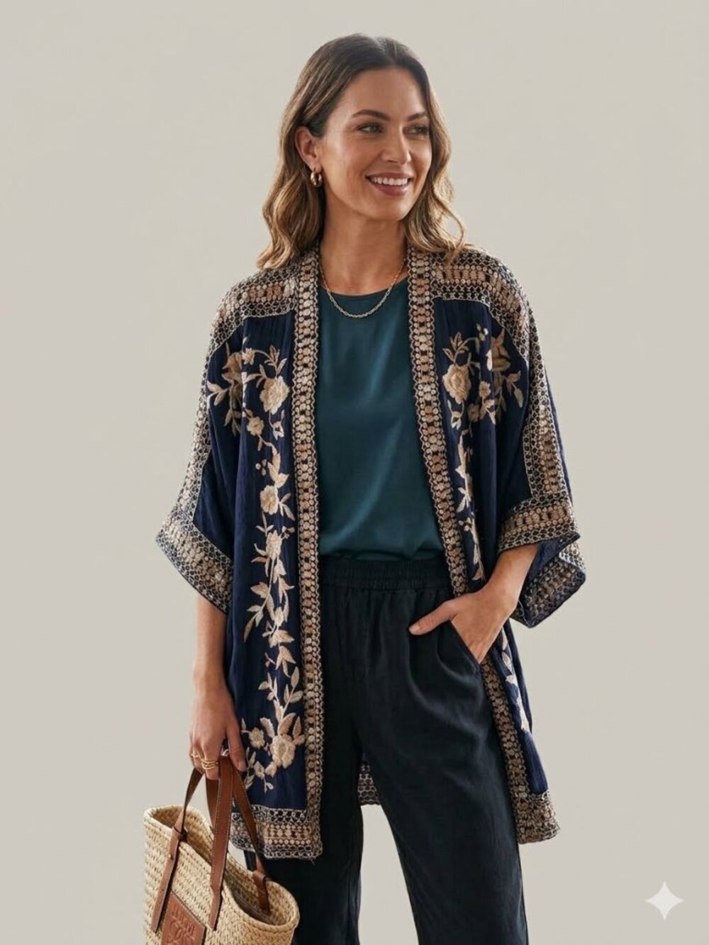 Johnny Was Bohemian Navy Embroidered Kimono Jacket Oversized Sz XS